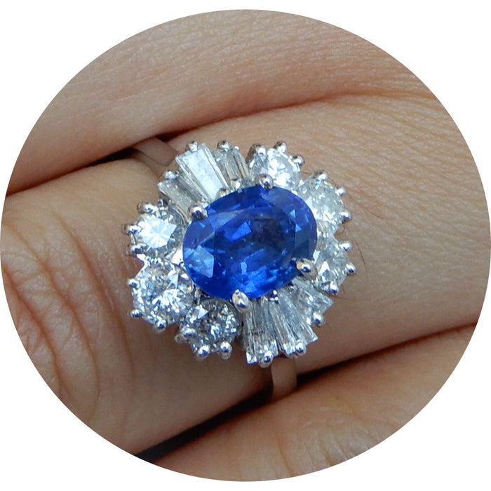 Ring, Saffier, Diamant Baguette, 18K
