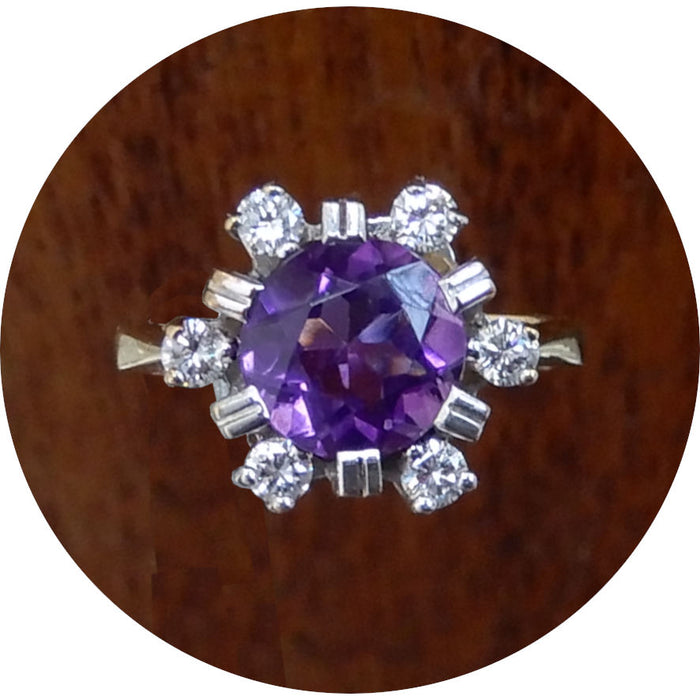 Ring, Amethist, Diamant, 14K, Vintage