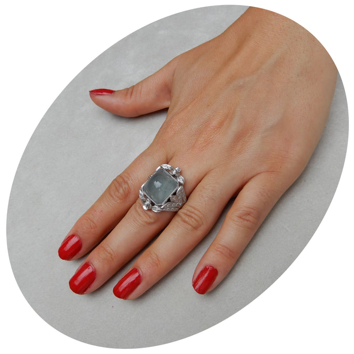 Ring, Aquamarijn Cabochon, Diamant, 14K
