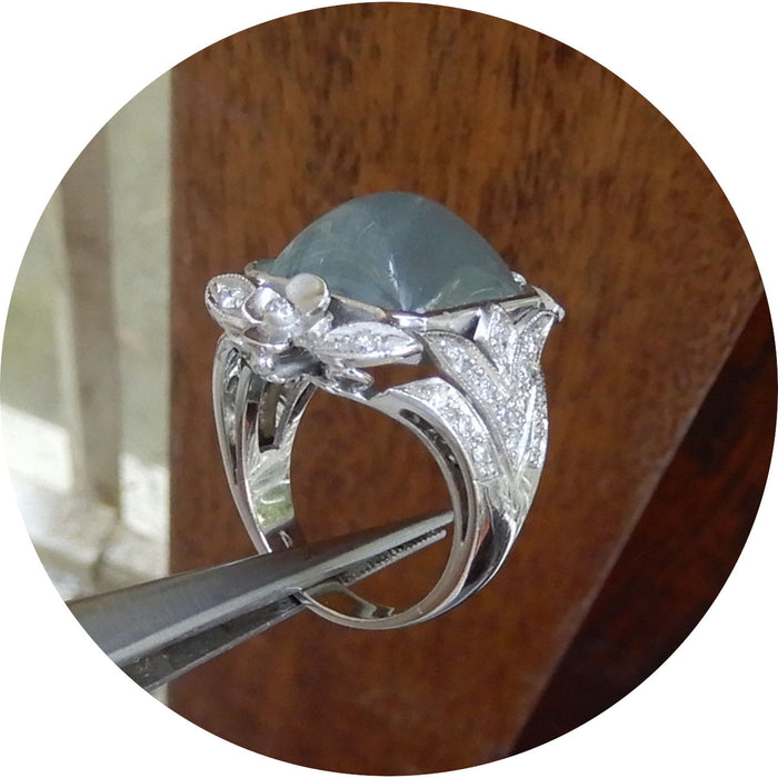 Ring, Aquamarijn Cabochon, Diamant, 14K