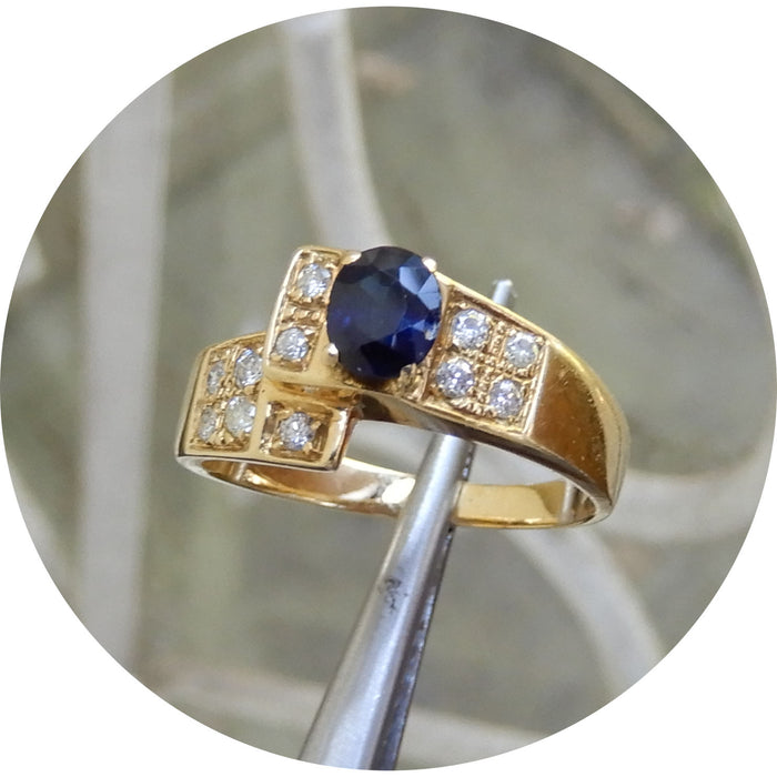 Ring, Saffier, Diamant, 18K Goud