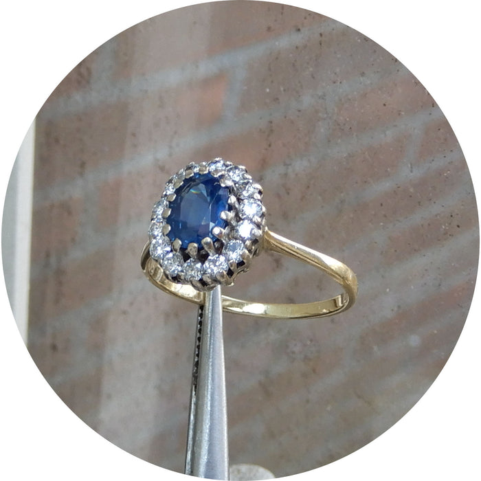 Ring, Saffier, Diamant, 14K Goud