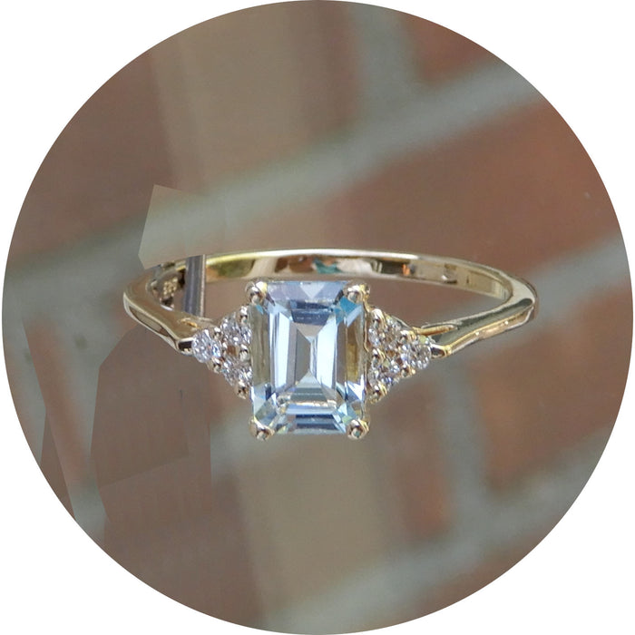 Ring, Aquamarijn, Diamant, 14Krt. geelgoud