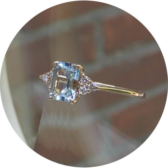 Ring, Aquamarijn, Diamant, 14Krt. geelgoud