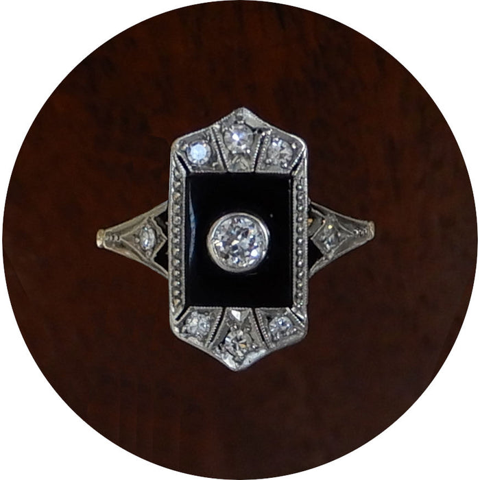 Ring, Diamant, Onyx, Art Deco, 14K