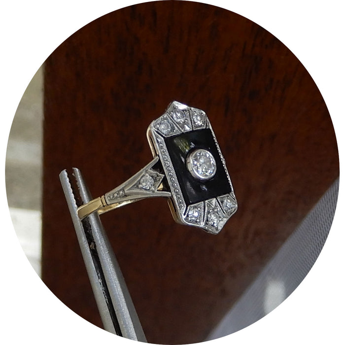 Ring, Diamant, Onyx, Art Deco, 14K