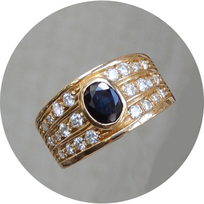 Ring, Saffier, Diamant, Vintage, 18K Goud
