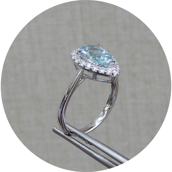 Ring, Aquamarijn, Diamant, 18Krt. Witgoud