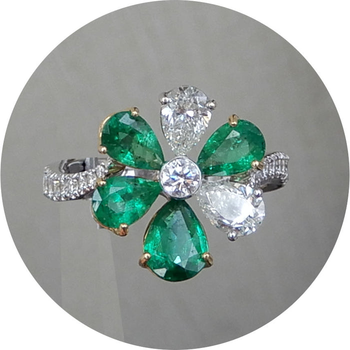 Ring, Bloem, Smaragd, Diamant, 18K
