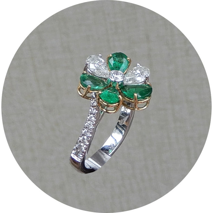 Ring, Bloem, Smaragd, Diamant, 18K