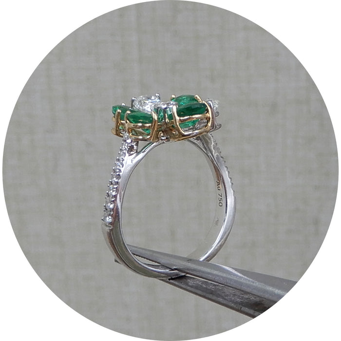 Ring, Bloem, Smaragd, Diamant, 18K