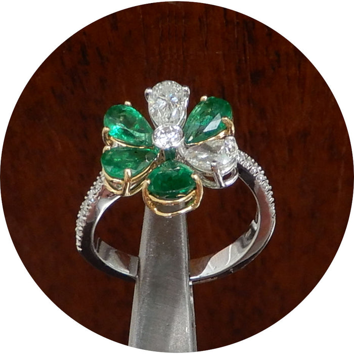 Ring, Bloem, Smaragd, Diamant, 18K