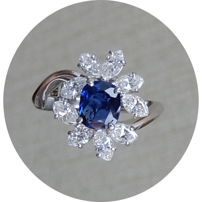 Ring, Saffier, Diamant Navette, 18K