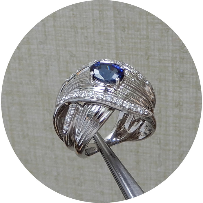 Ring, Saffier, Diamant, Godrons, 18K