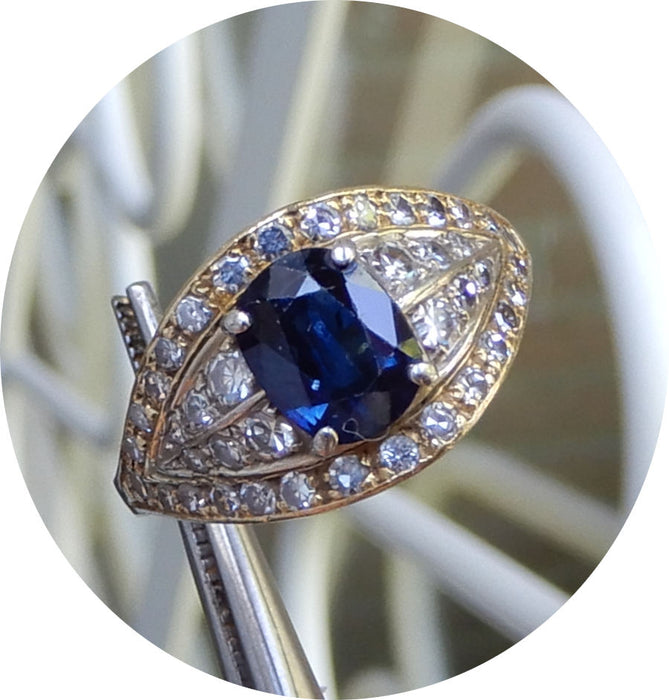 Ring, Saffier, Diamant, 18Krt. Goud