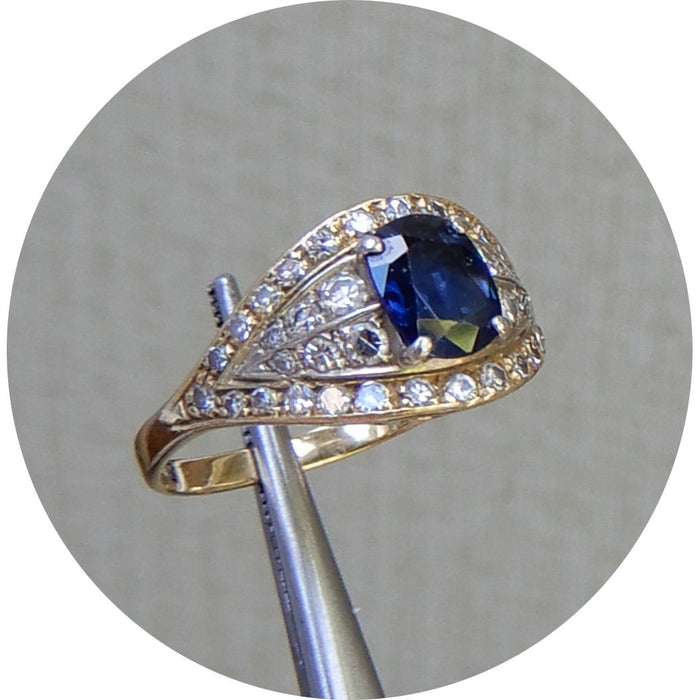 Ring, Saffier, Diamant, 18Krt. Goud