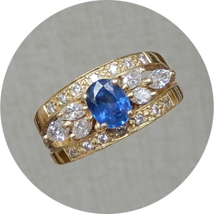 Bandring, Saffier, Diamant Navette, 18K