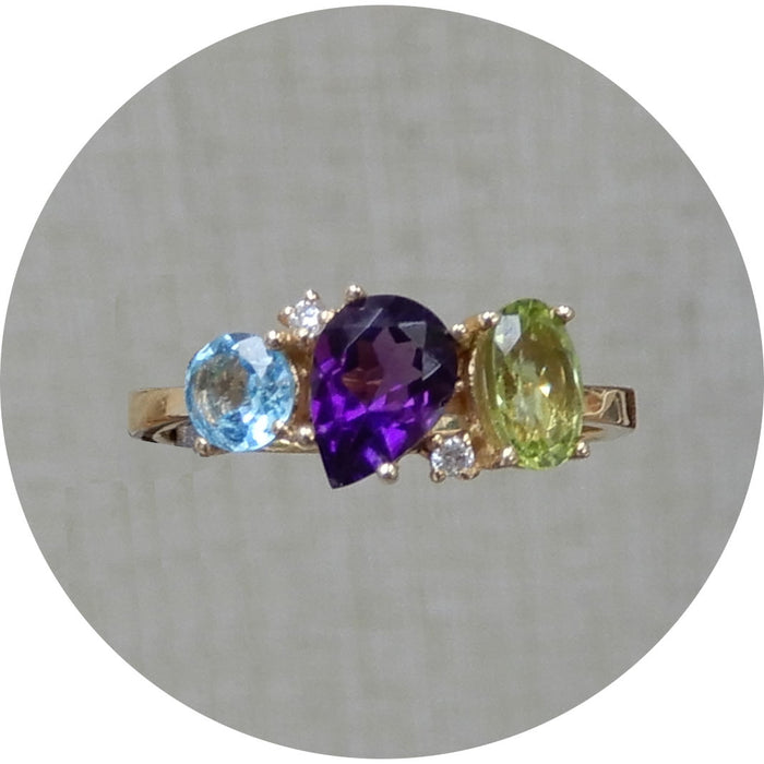Ring, Amethist, Peridot, Topaas, Diamant, 14K