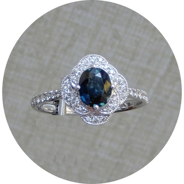 Ring, Saffier, Diamant, 18Krt. Witgoud