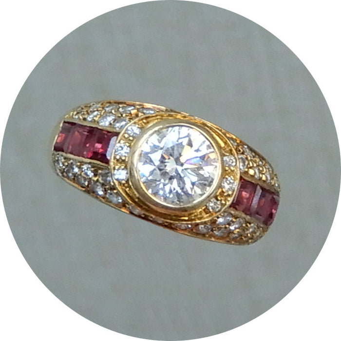 Bandring, Diamant, Robijn, 18Krt. Goud