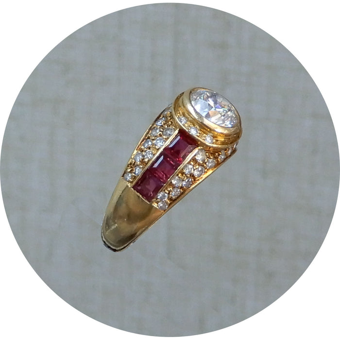 Bandring, Diamant, Robijn, 18Krt. Goud