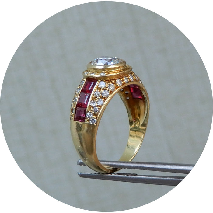 Bandring, Diamant, Robijn, 18Krt. Goud