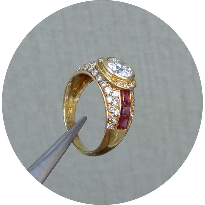 Bandring, Diamant, Robijn, 18Krt. Goud