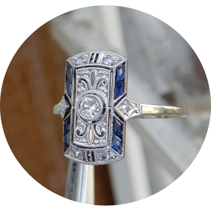 Ring, Art Deco, Saffier, Diamant, 18K