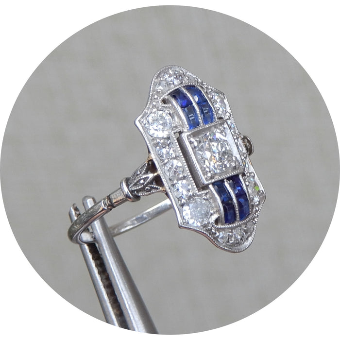 Ring, Art Deco, Saffier, Diamant, Platina