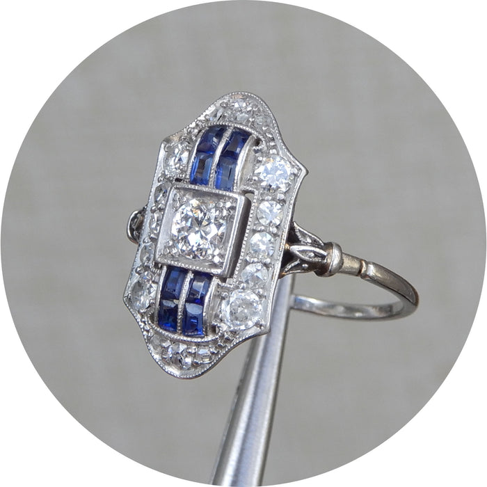 Ring, Art Deco, Saffier, Diamant, Platina