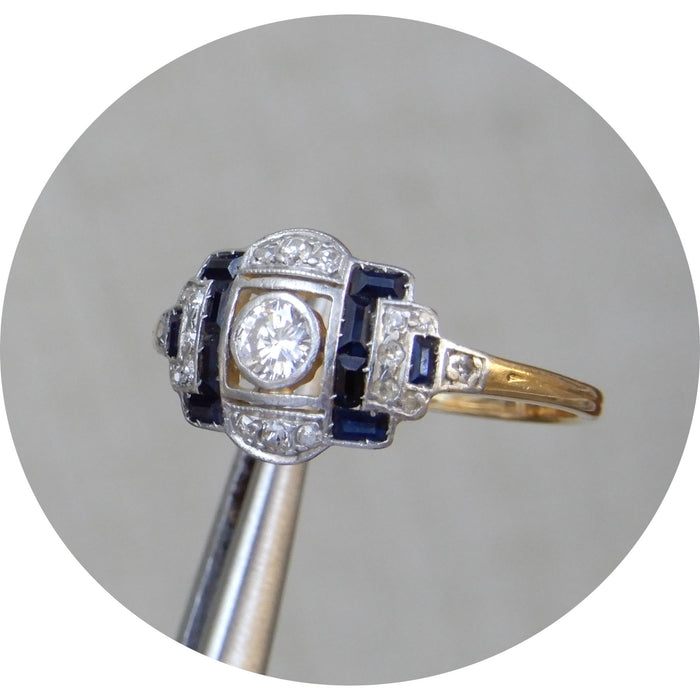 Ring, Art Deco, Saffier, Diamant, 14K