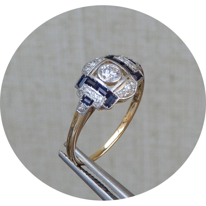 Ring, Art Deco, Saffier, Diamant, 14K