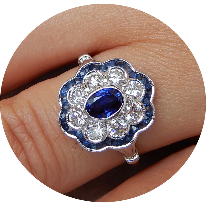 Ring, Rozet, Saffier, Diamant, 14K