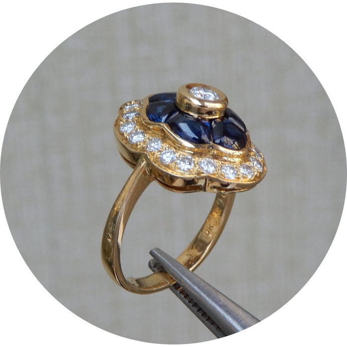 Ring, Rozet, Saffier, Diamant, 18K Geelgoud