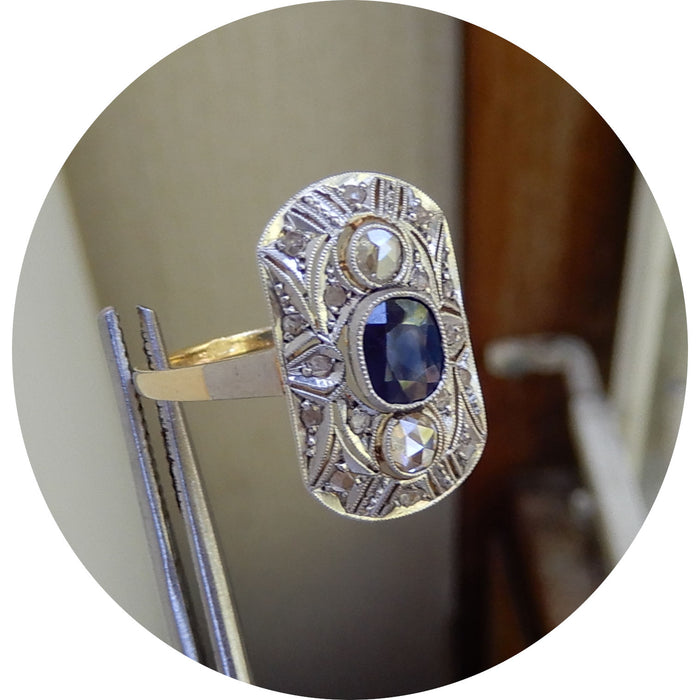 Ring, Saffier, Roosdiamant, Vintage, 18K