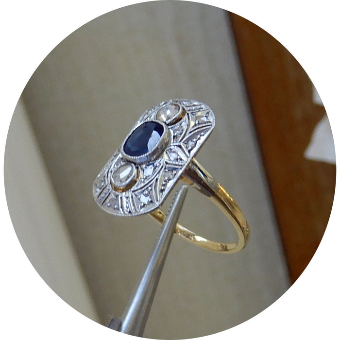 Ring, Saffier, Roosdiamant, Vintage, 18K