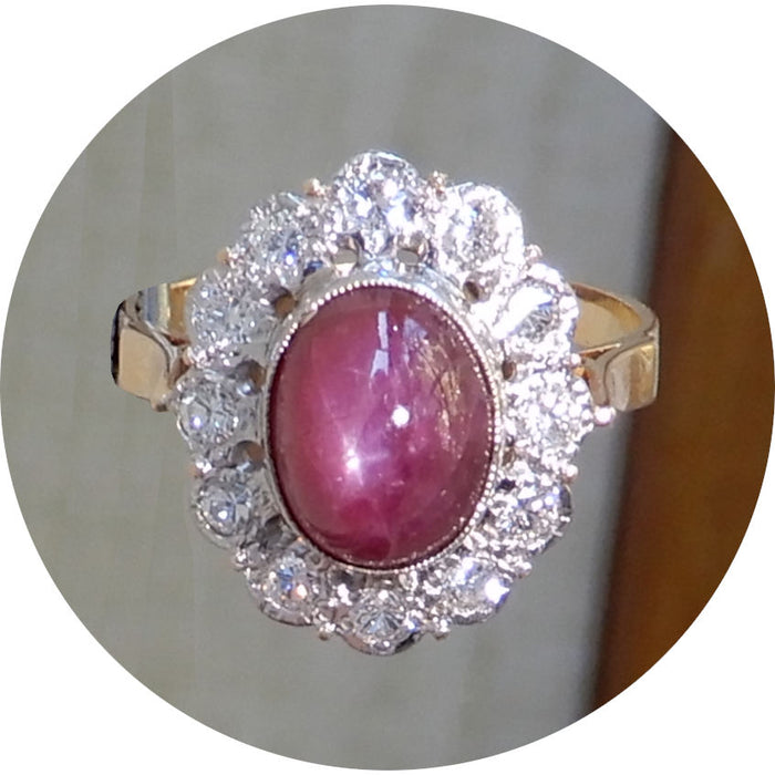 Ring, Ster Robijn, Diamant, 14K