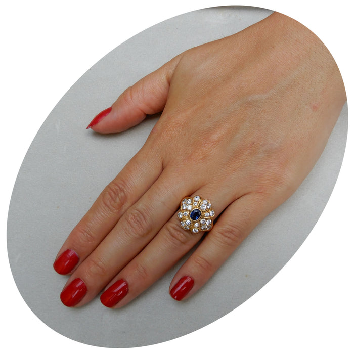 Ring, Saffier, Diamant, 18K Geelgoud