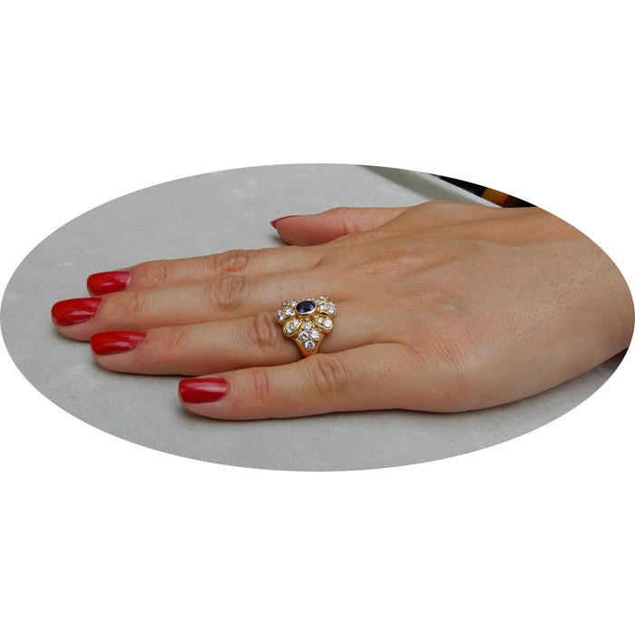 Ring, Saffier, Diamant, 18K Geelgoud