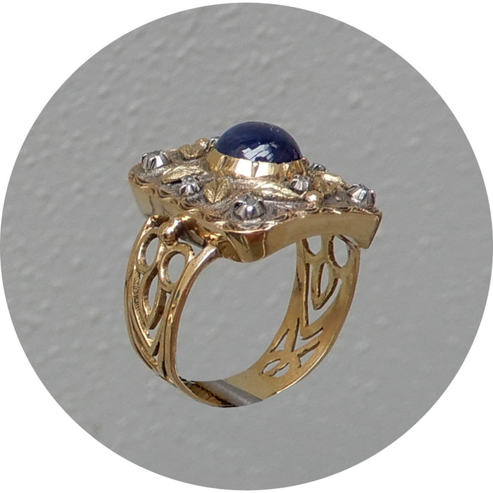 Ring, Saffier, Roosdiamant, 14K Goud