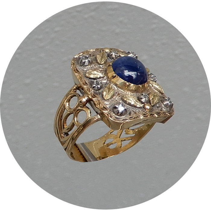 Ring, Saffier, Roosdiamant, 14K Goud
