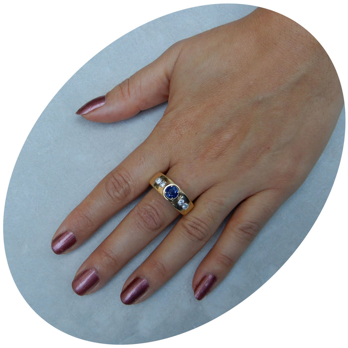 Bandring, Saffier, Diamant, 14K Geelgoud