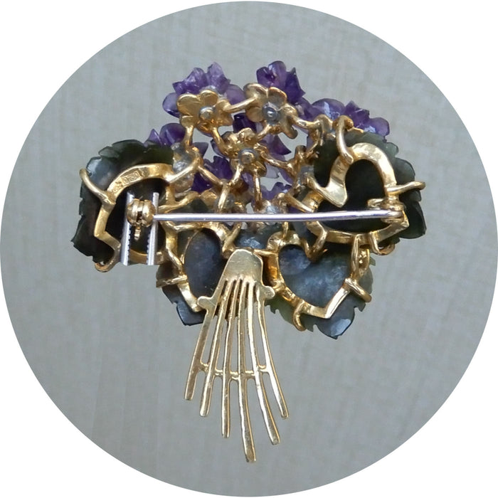 Broche, Bloemen, Amethist, Jade, 18K