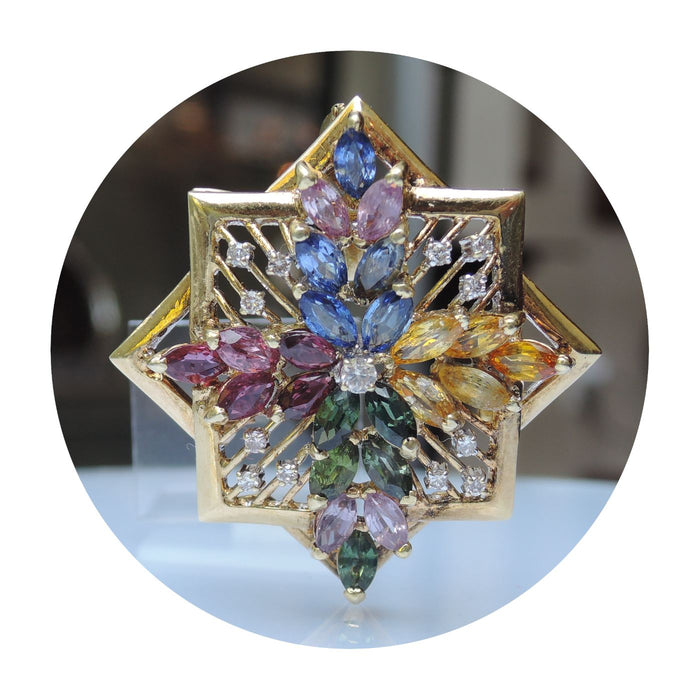 Broche, Multicolor Saffier, Diamant, 14K