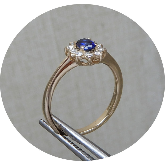 Ring, Saffier, Diamant, 14K Geelgoud