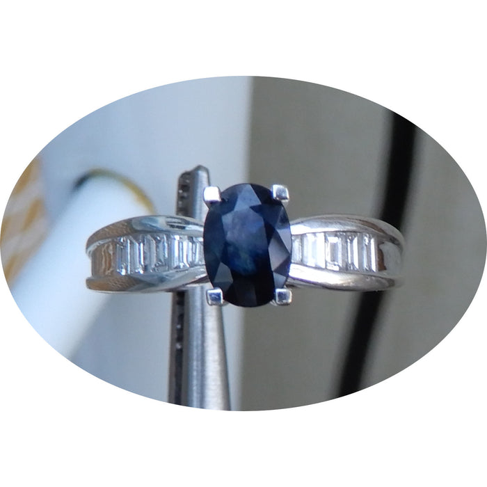 Ring, Saffier, Baguette Diamant, 18K
