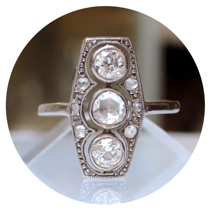 Ring, Diamant x 3, Opengewerkt, 14K, Art Deco