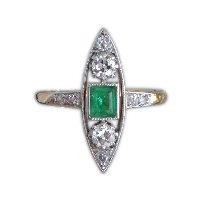 Markiesring, Smaragd, Diamant, 14K, Art Deco