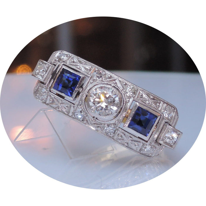 Ring, Saffier, Diamant, 14K Goud, Art Deco