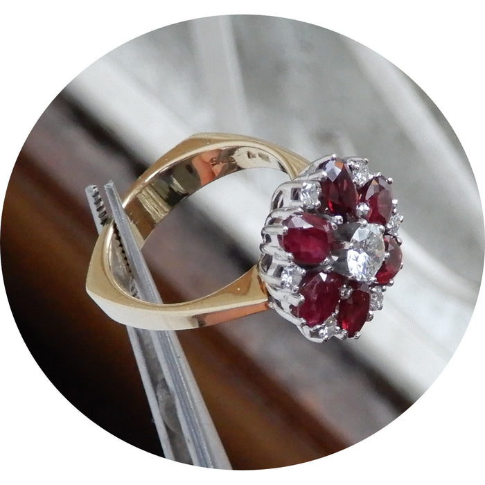 Ring, Rozet, Robijn, Diamant, 14K Bicolor